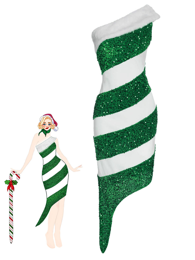 Women's Christmas Costume Candy Cane Sequin One-Shoulder Christmas Dress In Green Women's Christmas Costume Candy Cane Sequin One-Shoulder Christmas Dress In Green