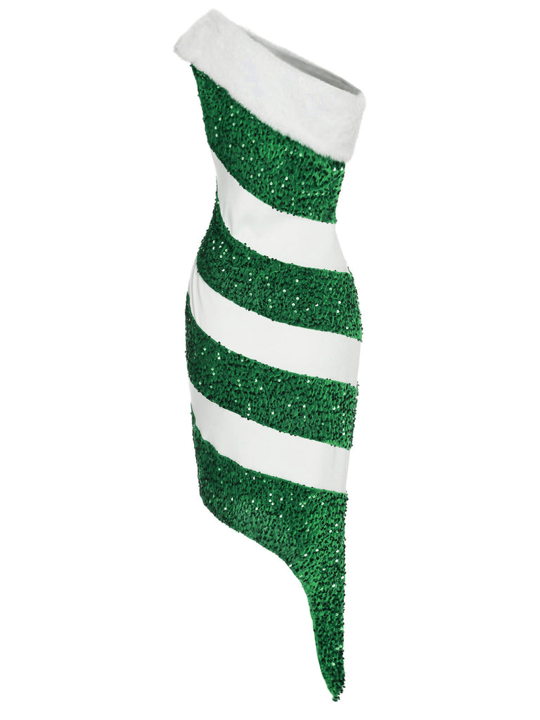 Green Candy Cane One-Shoulder Sequin Bodycon Dress Christmas Costume Green Candy Cane One-Shoulder Sequin Bodycon Dress Christmas Costume