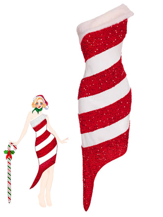 She slips into this 1960s Candy Cane One-Shoulder Dress and suddenly it's a 1960s daydream
