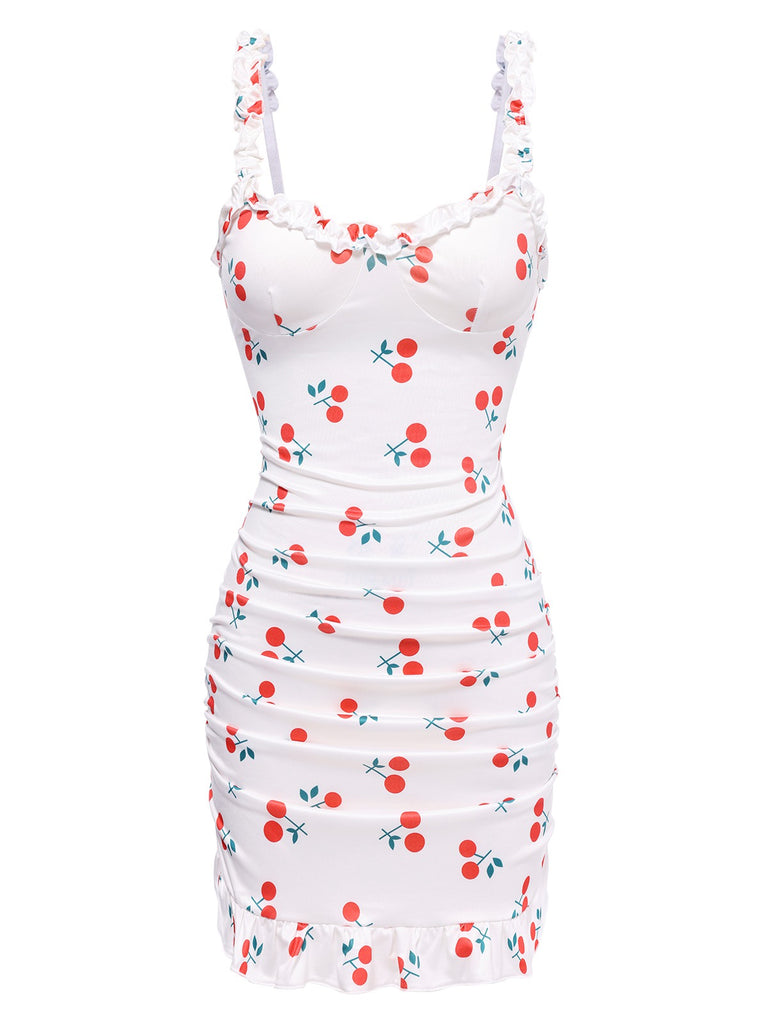 She slips into this 1960s Cherry Ruffled Hem Straps Nightgown and suddenly it's a 1960s daydream