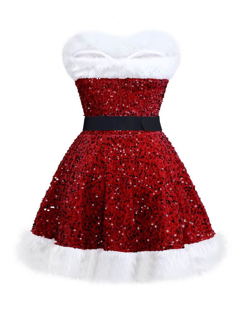 Red Santa Dress Christmas Fur Sequined Strapless Mini Dress with Hat&Chocker Red Santa Dress Christmas Fur Sequined Strapless Mini Dress with Hat&Chocker
