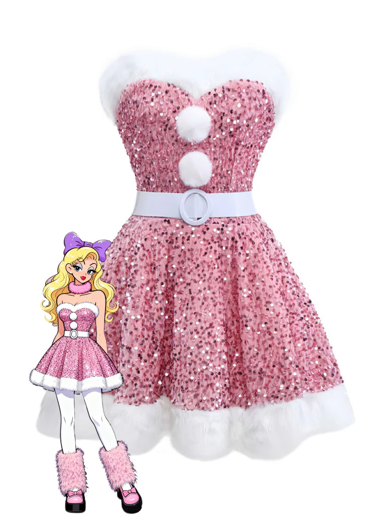 Pink Santa Dress Christmas Fur Sequined Strapless Mini Dress with Hat Pink Santa Dress Christmas Fur Sequined Strapless Mini Dress with Hat