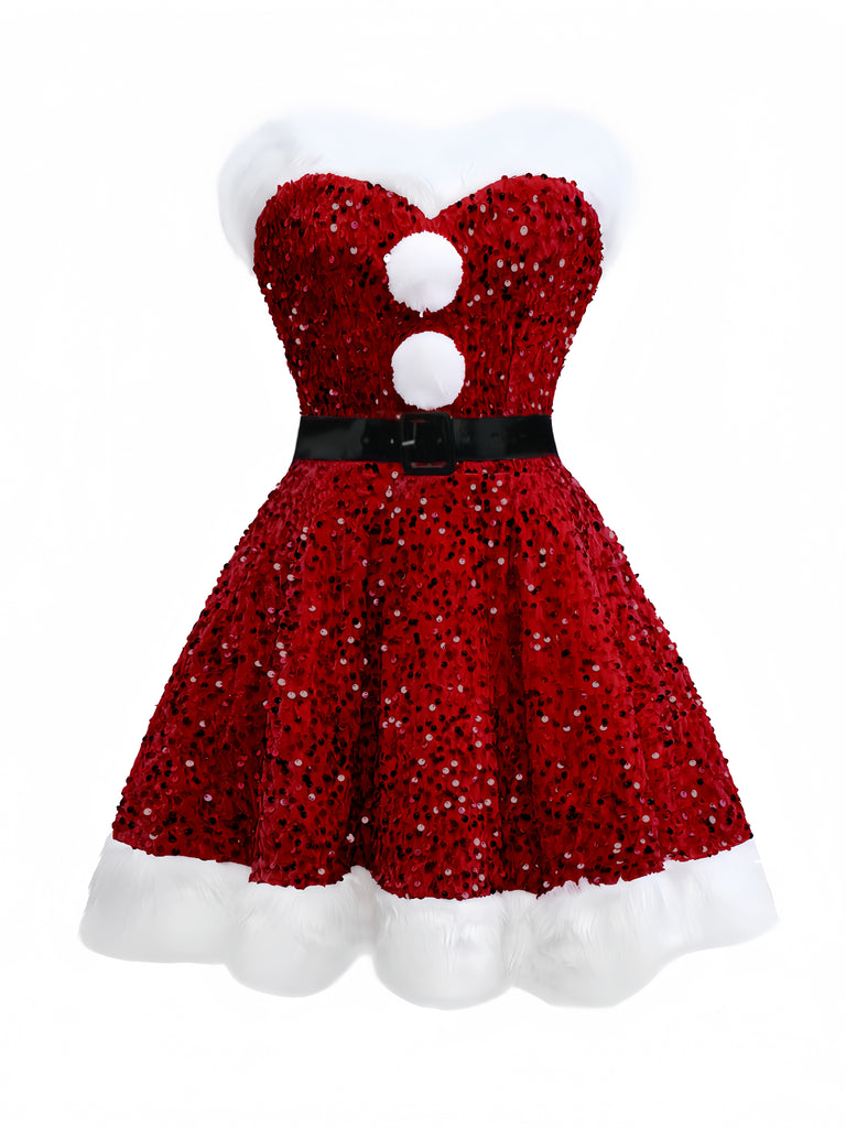 Red Santa Dress Christmas Fur Sequined Strapless Mini Dress with Hat&Chocker Red Santa Dress Christmas Fur Sequined Strapless Mini Dress with Hat&Chocker