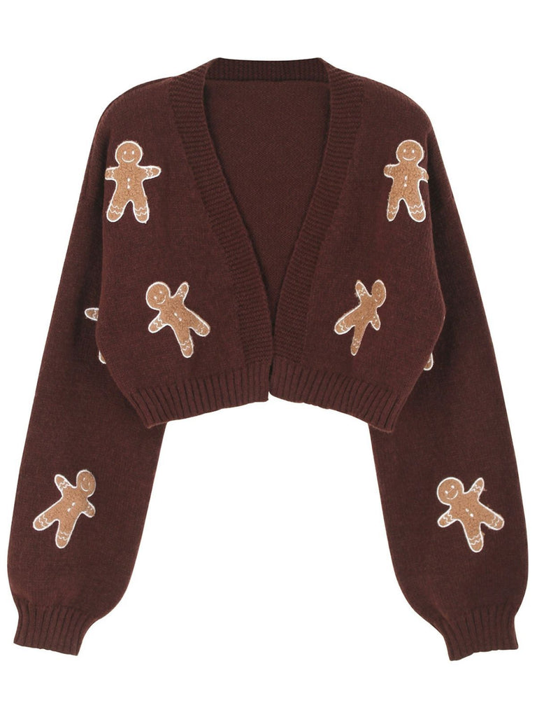 Brown 1960s Christmas Gingerbread Cropped Sweater Cardigan | Retro