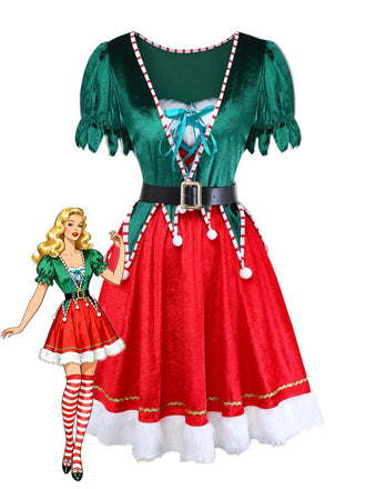 She pairs this 1960s Christmas Green V-Neck Top & Red Fur Trimmed Skirt with confidence and 1960s charm