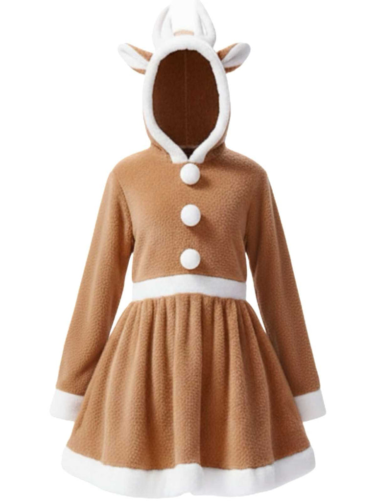 1960s Christmas Reindeer Hooded Coral Fleece Dress - vintage dress, retro fashion