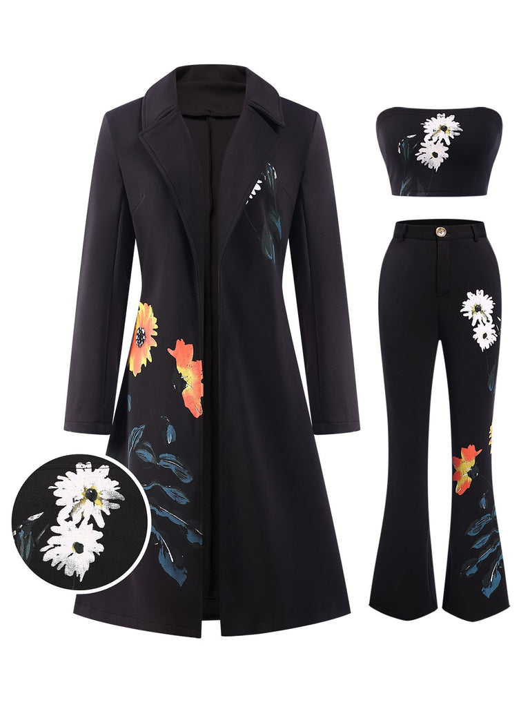 3PCS Black 1960s Floral Long Coat & Top & Pants Suit Set - vintage fashion, retro style, classic black