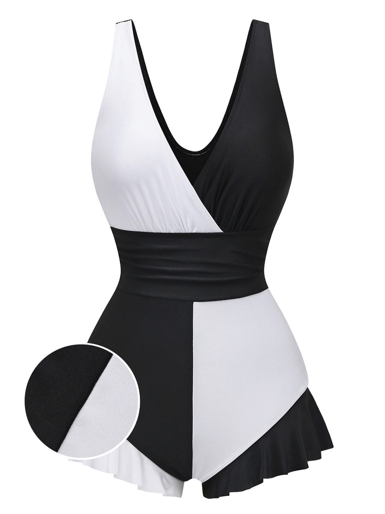 1960s Color Block Ruffle One Piece Swimsuit - vintage swimsuit, pin-up style