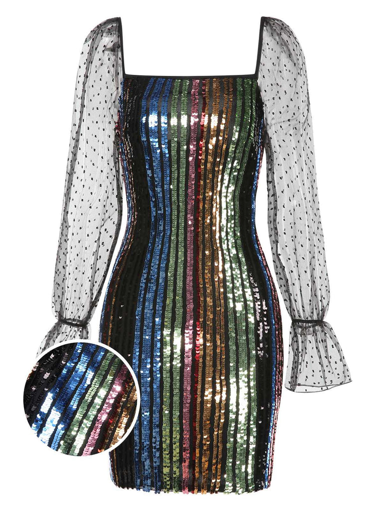 She slips into this 1960s Colorful Stripes Sequined Mesh Dress and suddenly it's a 1960s daydream