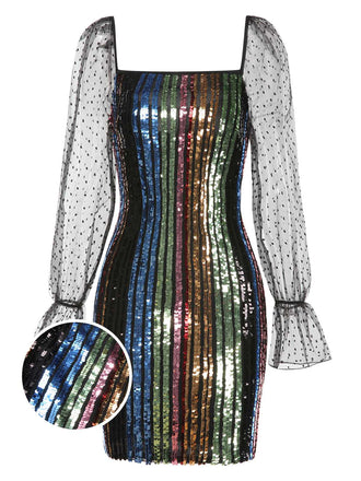 She slips into this 1960s Colorful Stripes Sequined Mesh Dress and suddenly it's a 1960s daydream
