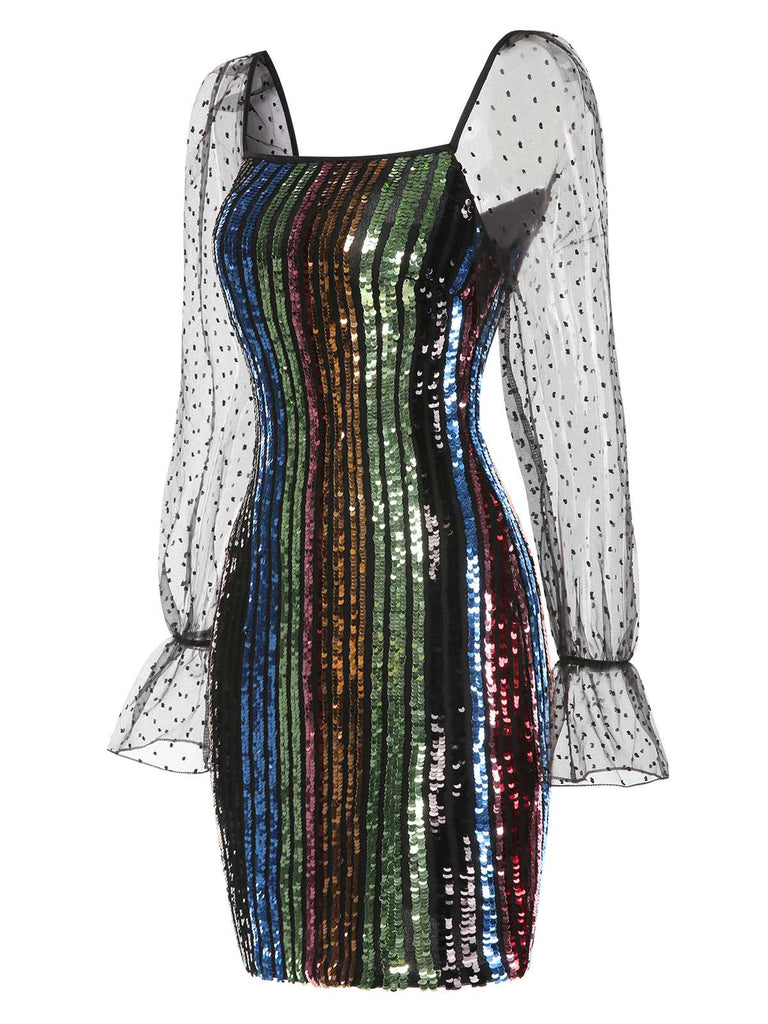 This 1960s Colorful Stripes Sequined Mesh Dress wraps her in 1960s elegance, one twirl at a time