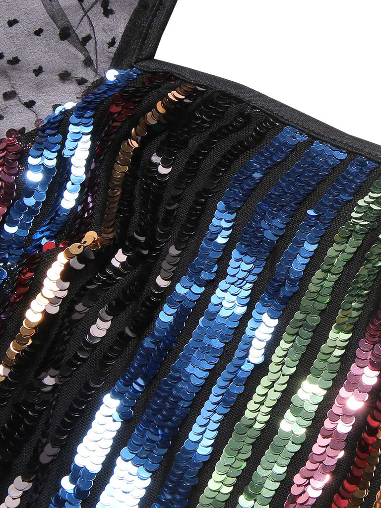 1960s Colorful Stripes Sequined Mesh Dress: where 1960s romance meets her modern spirit