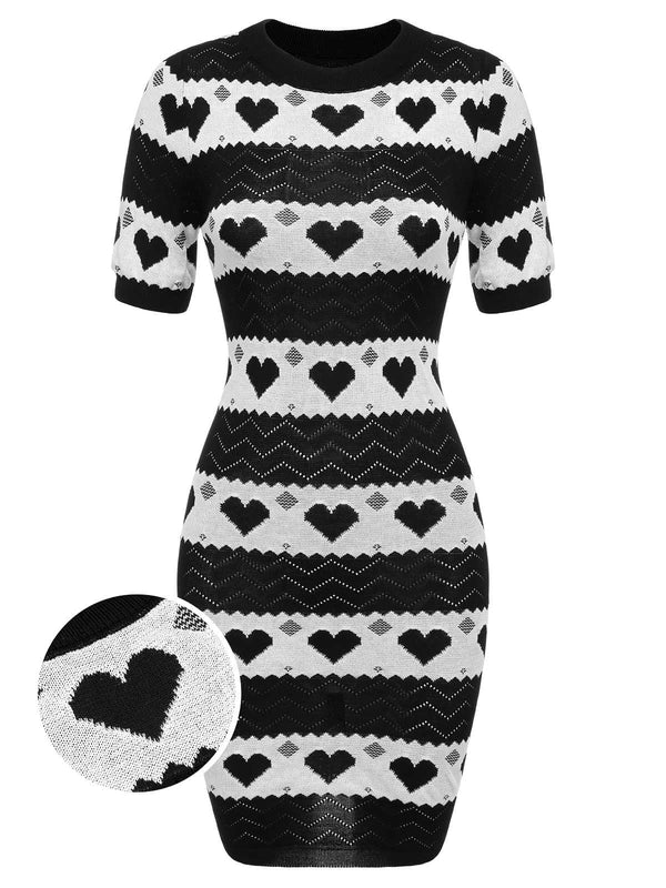 Retro Stage Heart Print Knit Pencil Dress for Daily Casual Black & White