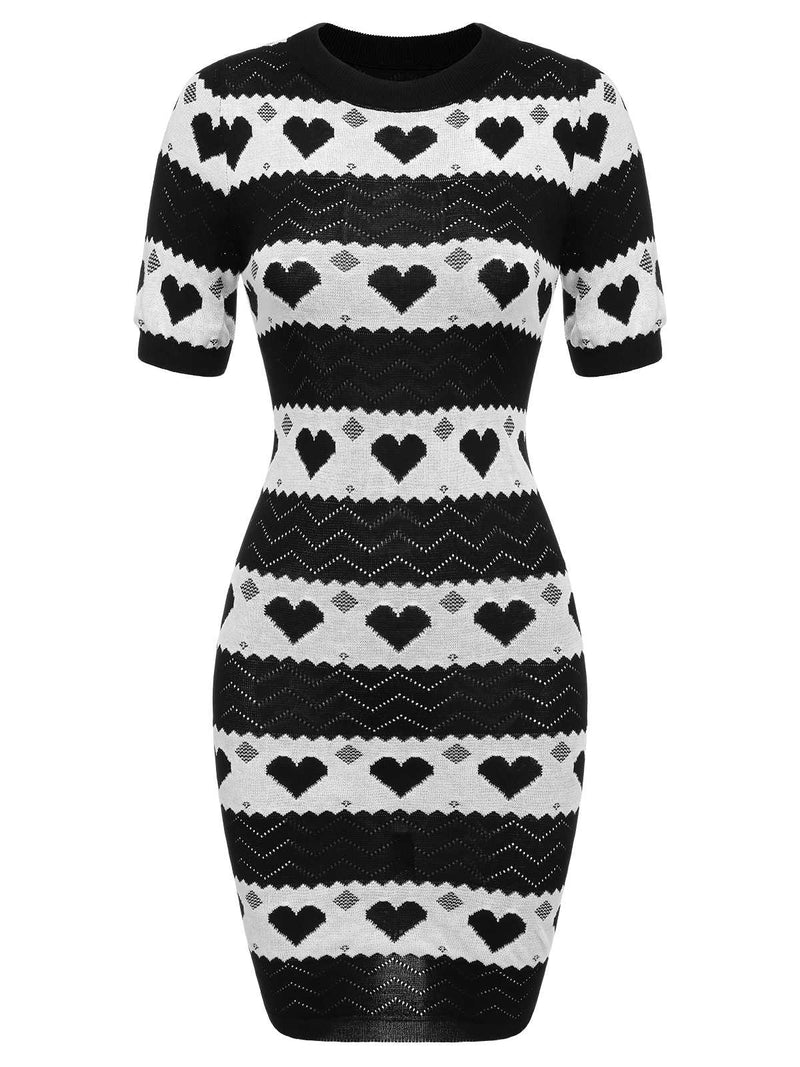Retro Stage Heart Contrast Mini Knitted Sweater Dress Black&White