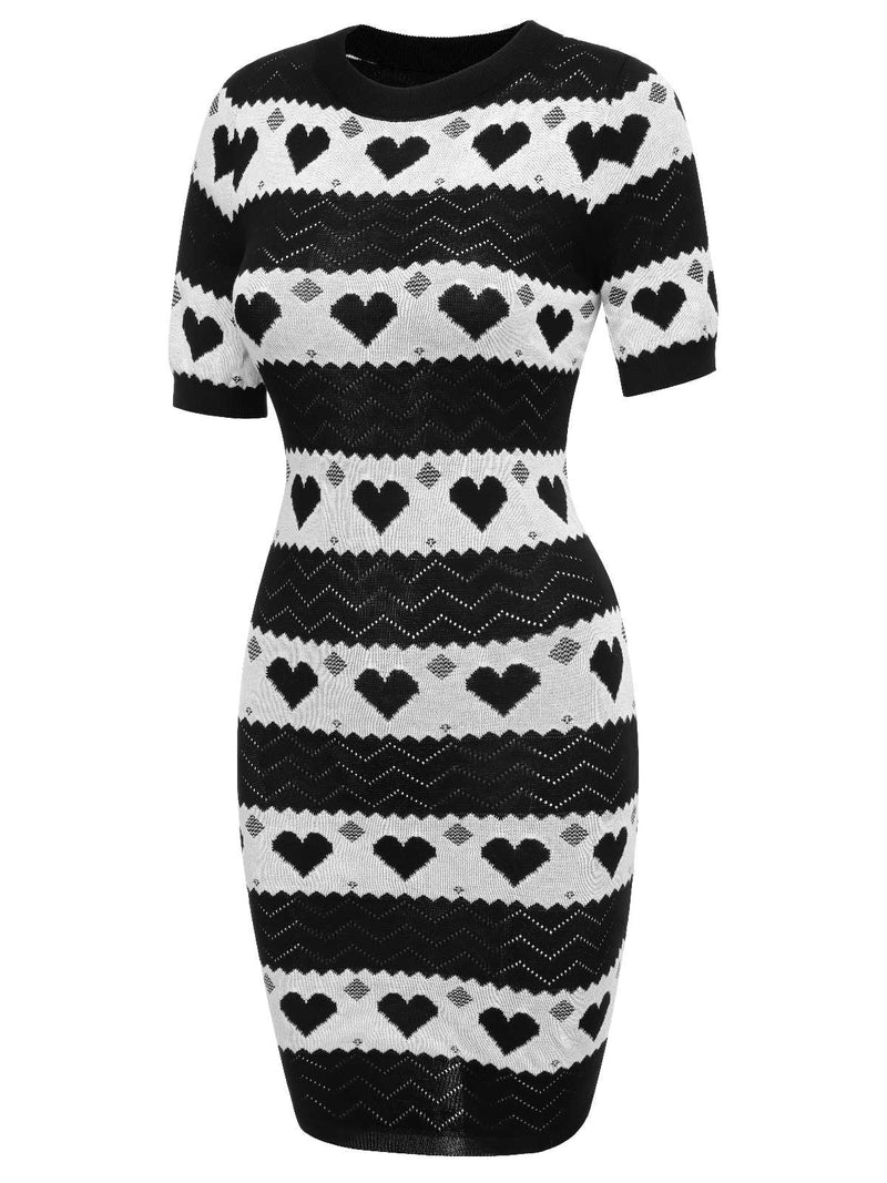 Valentine Dress Heart Print Knit Mini Dress Black & White