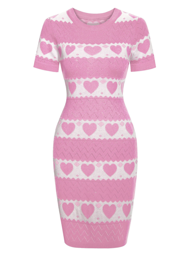Women's Heart Contrast Knitted Sweater Dress Pink Valentine's Day Dress Women's Heart Contrast Knitted Sweater Dress Pink Valentine's Day Dress