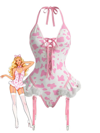 1960s Cow-Spotted Halter Lace-Up Plush Lingerie Set - vintage fashion, retro style