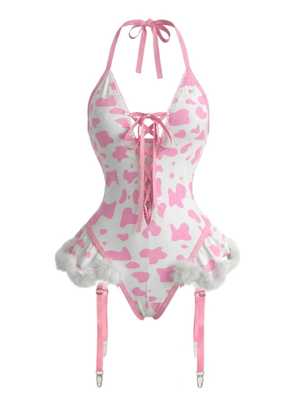 1960s Cow-Spotted Halter Lace-Up Plush Lingerie Set | Retro Stage 1960s Cow-Spotted Halter Lace-Up Plush Lingerie Set | Retro Stage