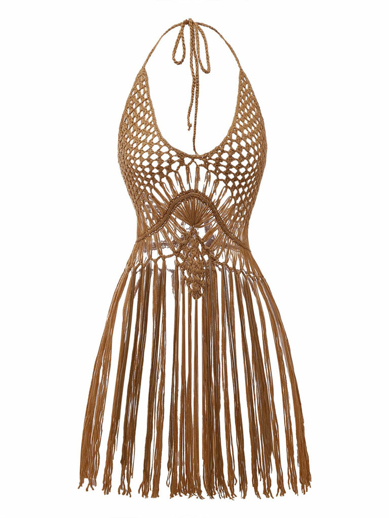 Women's Crochet Fringe Cutout Halter Bikini Cover-Up