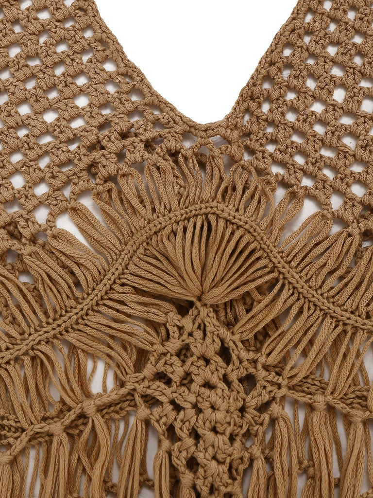1960s Crochet Fringe Cutout Halter Bikini Cover-Up - vintage fashion, retro style