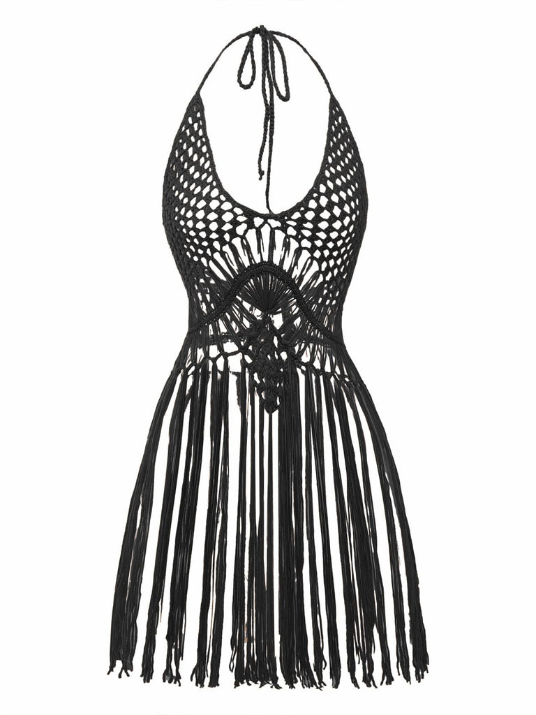 Women's Crochet Fringe Cutout Halter Bikini Cover-Up Women's Crochet Fringe Cutout Halter Bikini Cover-Up