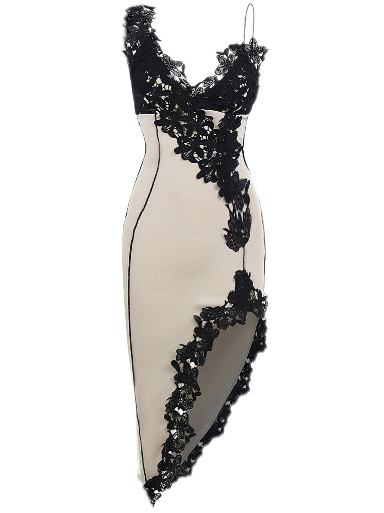 She slips into this 1960s Deep V-Neck Asymmetric Lace Bodycon Dress and suddenly it's a 1960s daydream