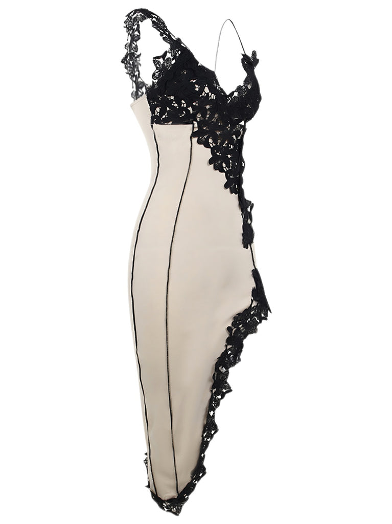 1960s Deep V-Neck Asymmetric Lace Bodycon Dress: where 1960s romance meets her modern spirit