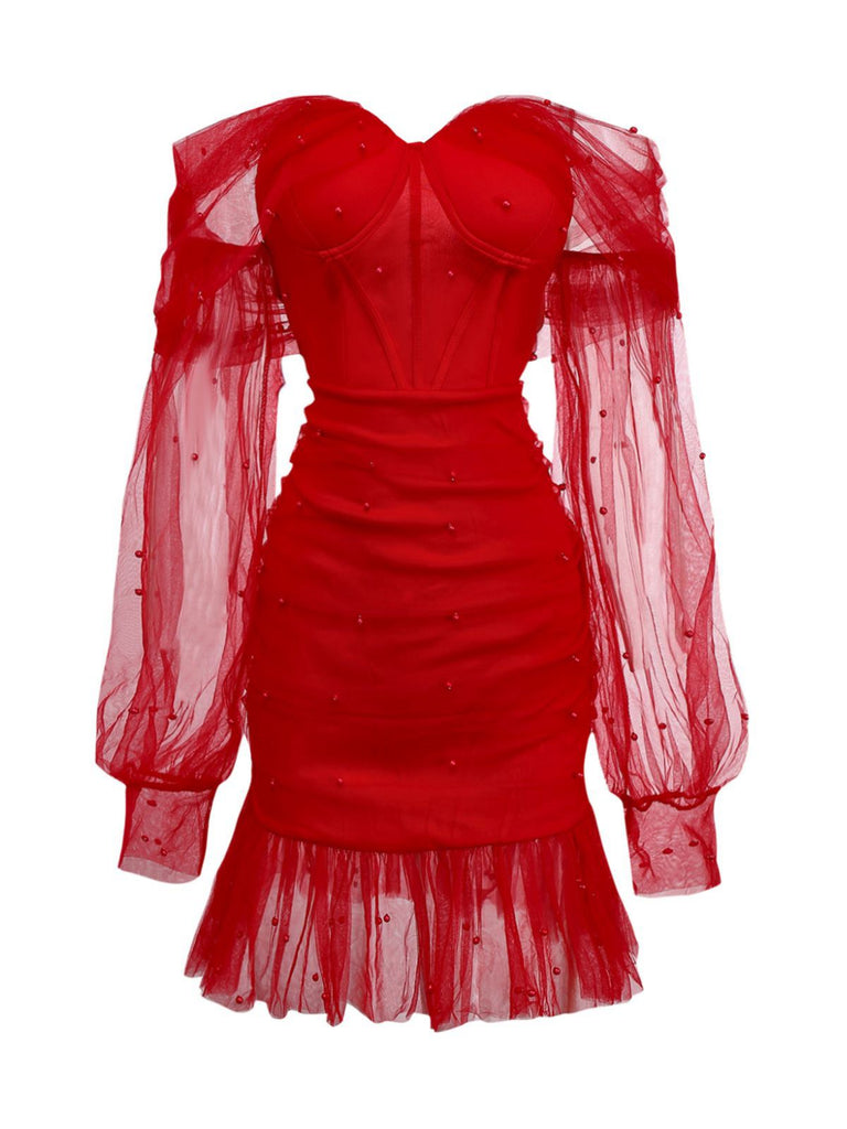 Red Off-Shoulder Sweetheart Neck Beading Mesh Bodycon Mini Dress Valentines Day Date Night Outfits
