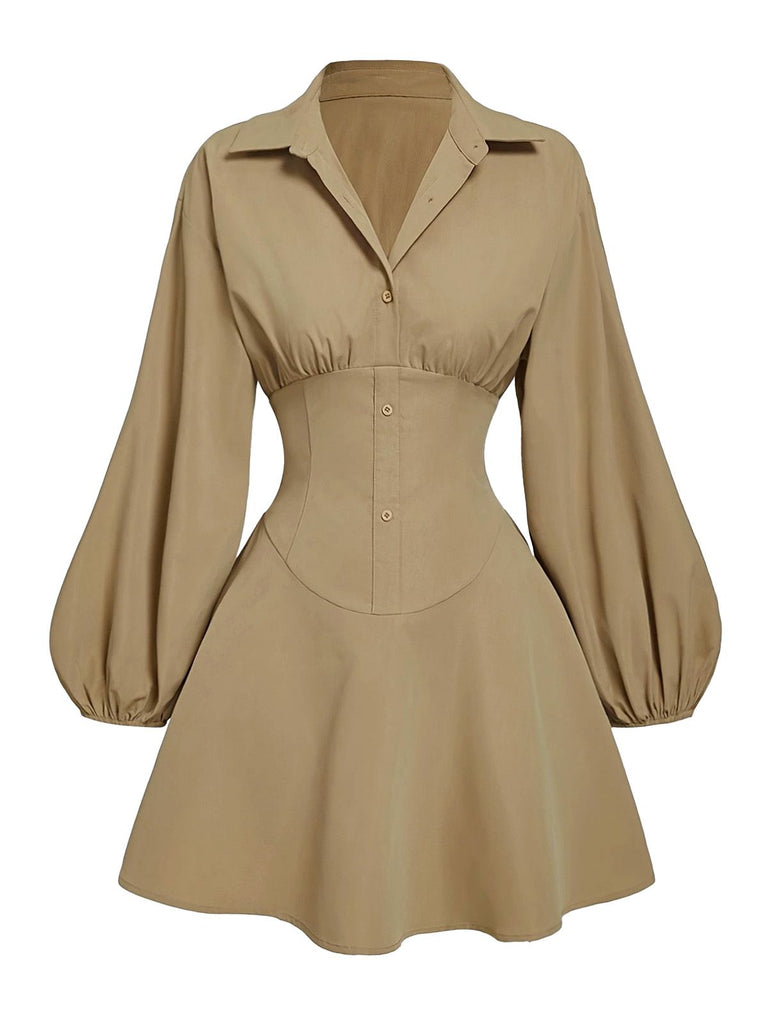 Beige 1960s Puff Sleeves Elastic Cinched Waist Dress - vintage dress, retro fashion