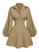 Beige 1960s Puff Sleeves Elastic Cinched Waist Dress - vintage dress, retro fashion