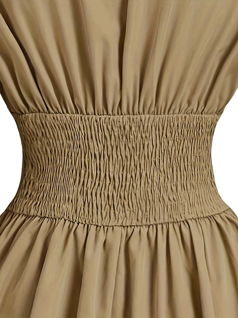 Beige 1960s Puff Sleeves Elastic Cinched Waist Dress - vintage dress, retro fashion
