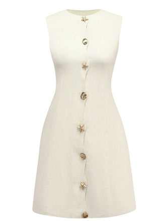 Beige 1960s Starfish Shell Buttons Sleeveless Dress - vintage dress, retro fashion