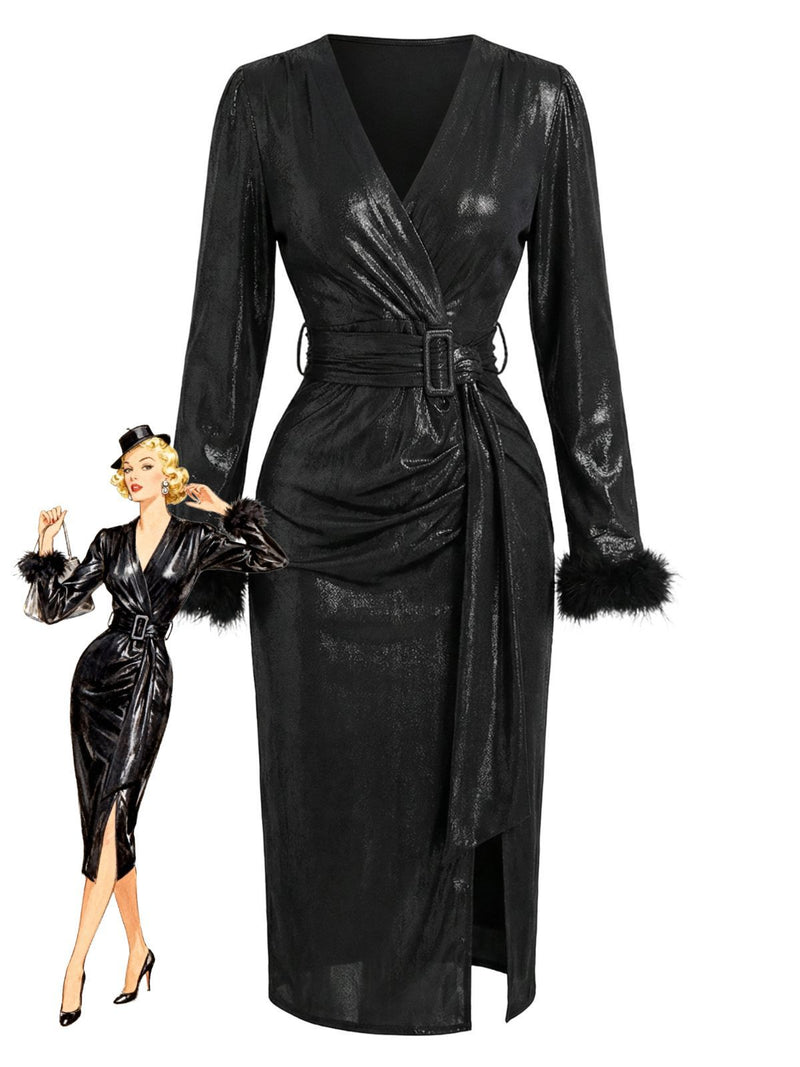 black leather belted dress 1960s Faux Feather Sleeve short wedding dresses
