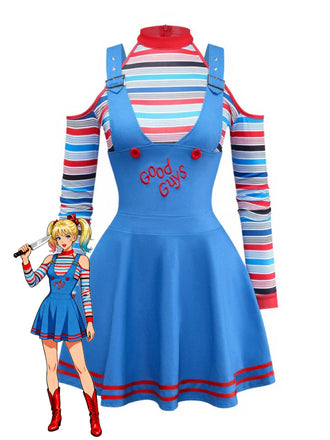 Blue 2PCS 1960s Halloween Chucky Striped Top & Wide Strap Dress - vintage dress, retro fashion