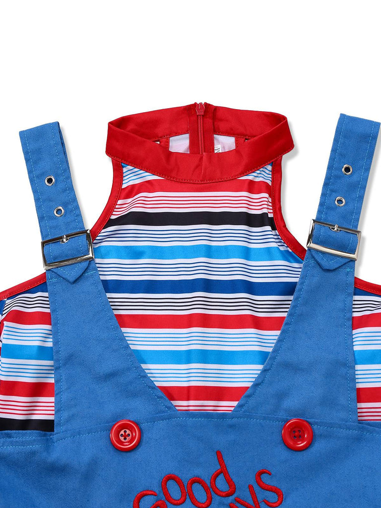 Blue 2PCS 1960s Halloween Chucky Striped Top & Wide Strap Dress - vintage dress, retro fashion