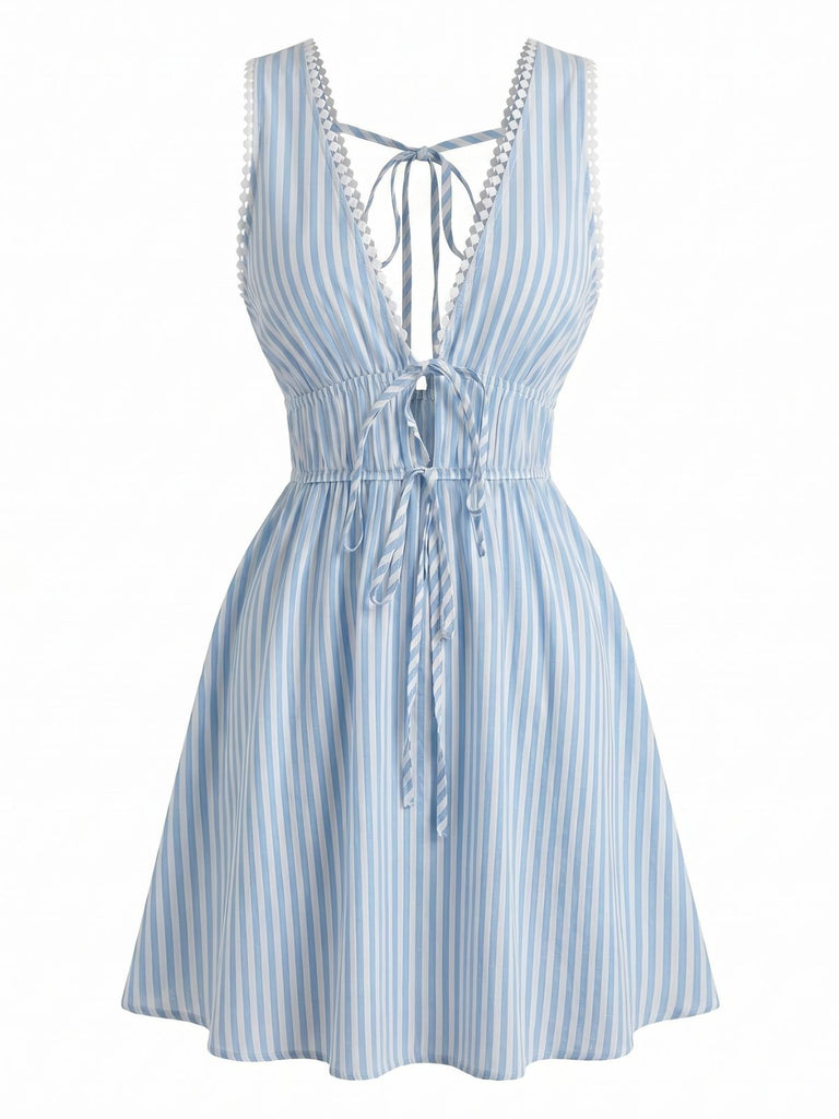 Blue 1960s Sleeveless Deep V-Neck Backless Striped Dress | Retro Stage Blue 1960s Sleeveless Deep V-Neck Backless Striped Dress | Retro Stage