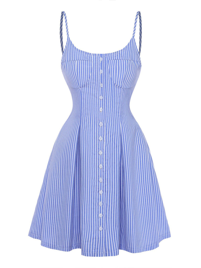 Blue 1960s Striped Buttons Spaghetti Strap A-Line Dress - vintage dress, retro fashion
