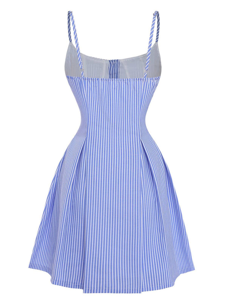 Blue 1960s Striped Buttons Spaghetti Strap A-Line Dress - vintage dress, retro fashion