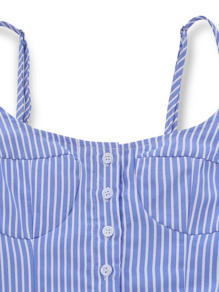 Blue 1960s Striped Buttons Spaghetti Strap A-Line Dress - vintage dress, retro fashion