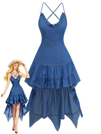 Blue 1960s Vintage Spaghetti Strap Strapless Denim Western Dress - vintage dress, retro fashion