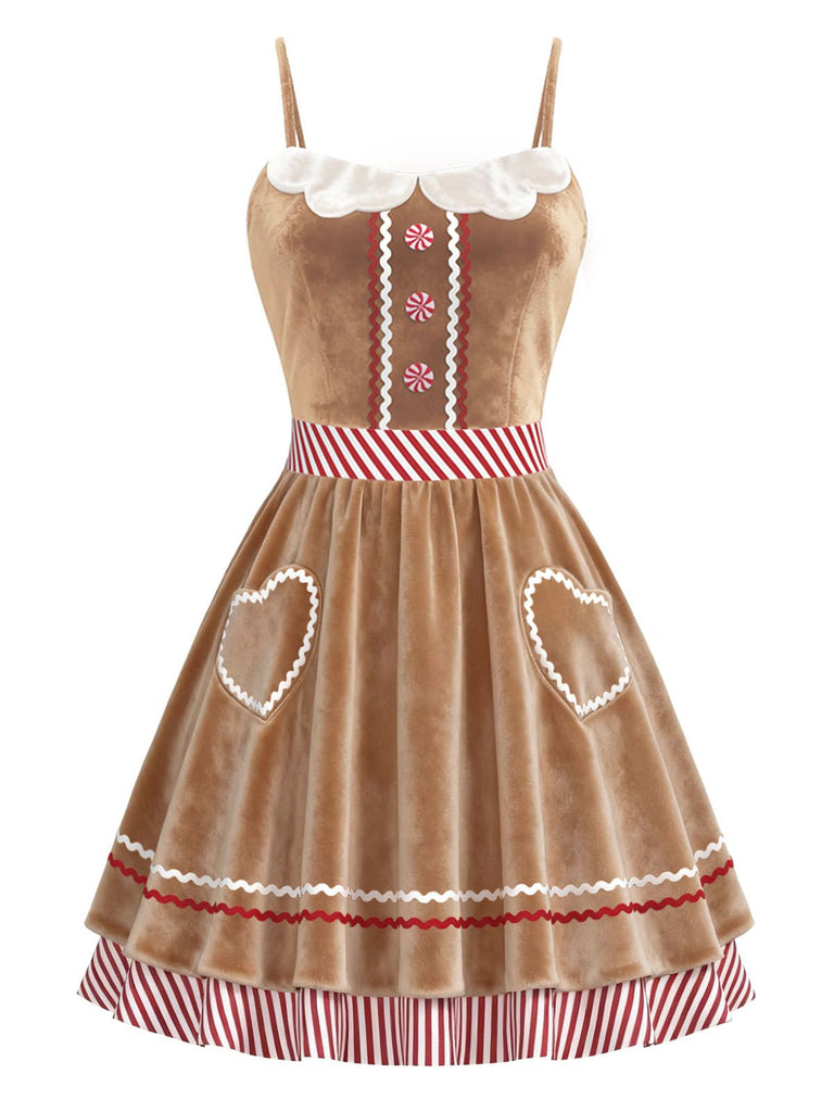 Christmas Gingerbread Dress | Women's Striped Straps Velvet Midi Dress with Heart Pocket | Retro Stage | Brown Christmas Gingerbread Dress | Women's Striped Straps Velvet Midi Dress with Heart Pocket | Retro Stage | Brown