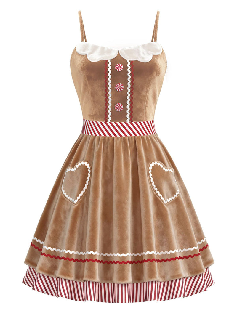 gingerbread gingham mini dress Christmas Gingerbread Dress | Women's Striped Straps Velvet Midi Dress with Heart Pocket | Retro Stage