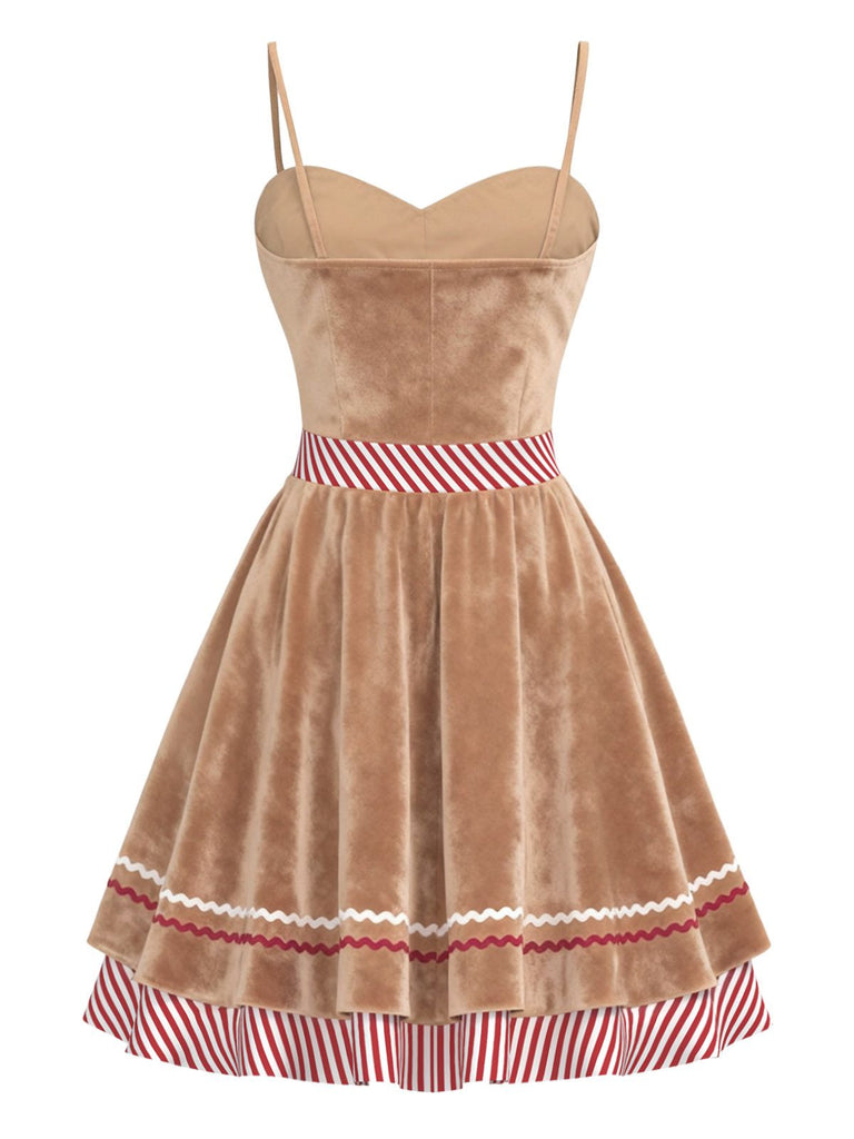 Christmas Gingerbread Dress | Women's Striped Straps Velvet Midi Dress with Heart Pocket | Retro Stage