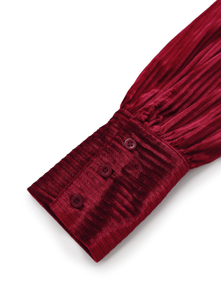 Burgundy 1960s Bow Collar Solid Velvet Ruffle Dress - vintage dress, retro fashion