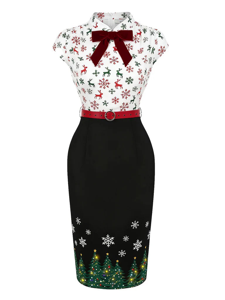 Retro Stage Christmas Tree Reindeer Snowflake Pencil Dress | Xmas Outfits