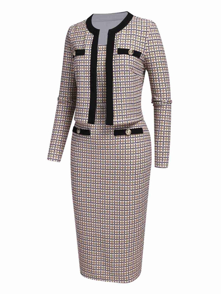 2PCS Beige 1960s Knitted Straps Pencil Dress & Short Coat - vintage dress, retro fashion