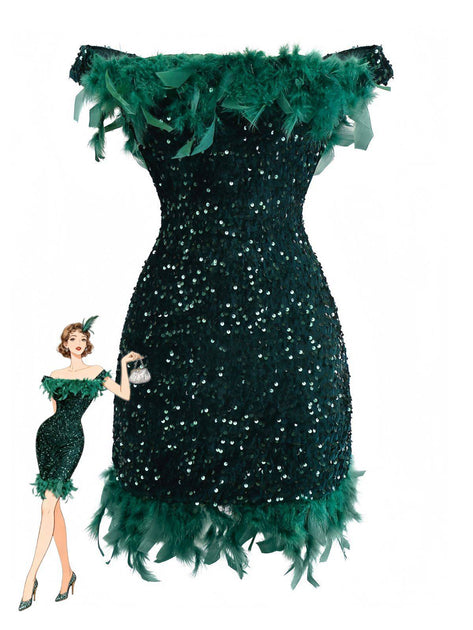 sequin dress with feathers Dark Green Sequined Off-Shoulder Feather Bodycon Mini Dress for Party
