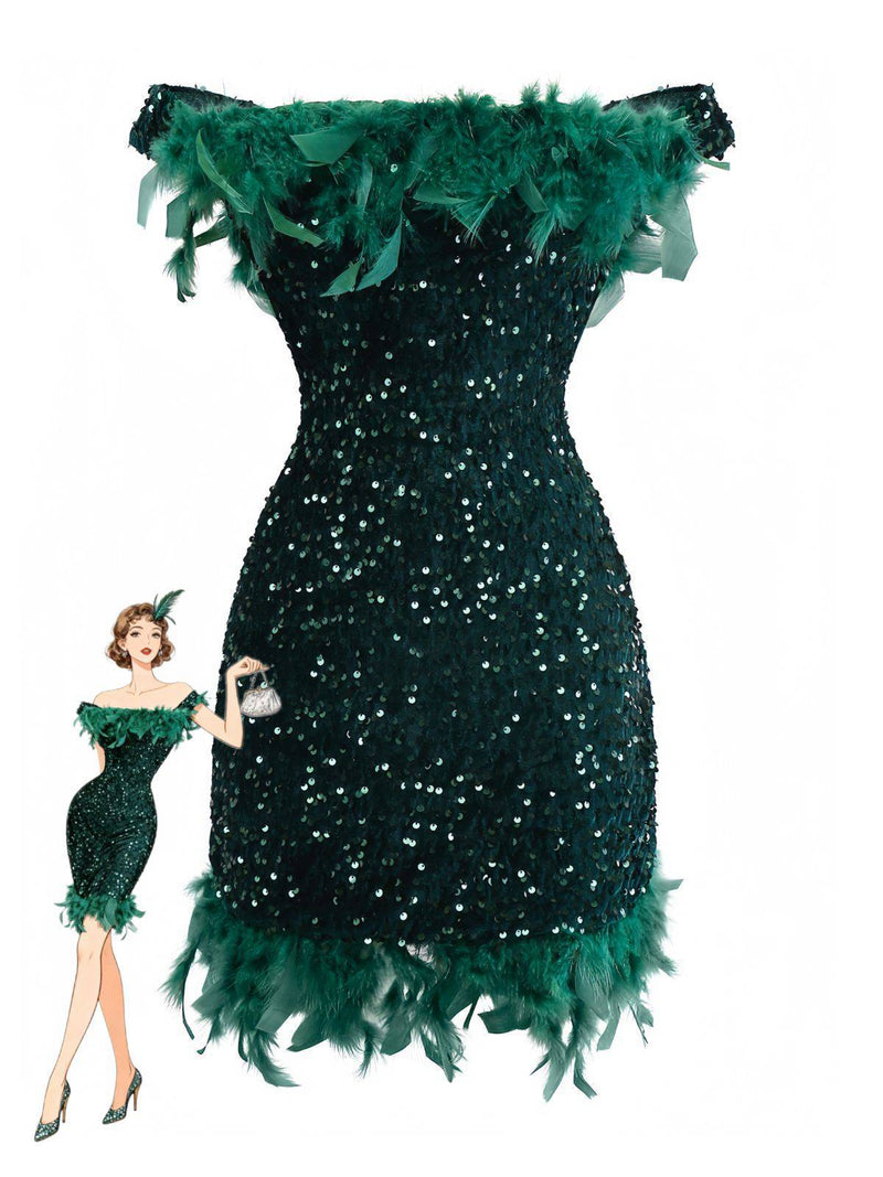 Dark Green Sequined Off-Shoulder Feather Bodycon Mini Dress for Party Dark Green Sequined Off-Shoulder Feather Bodycon Mini Dress for Party