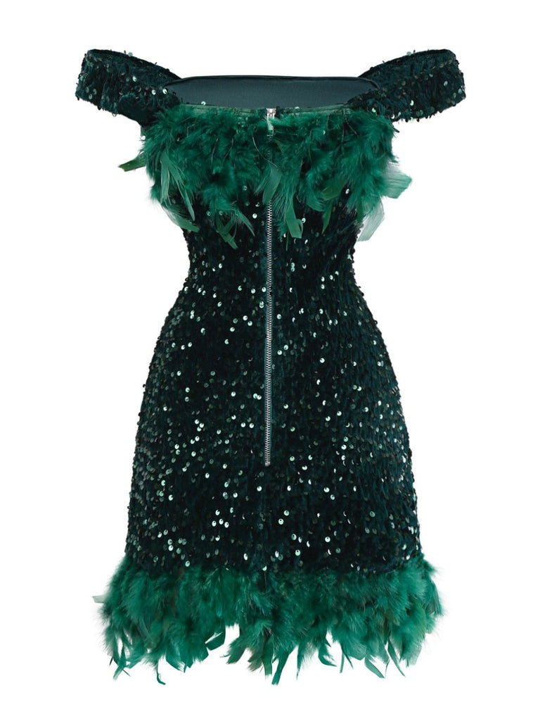 Dark Green Sequined Off-Shoulder Feather Bodycon Mini Dress for Party