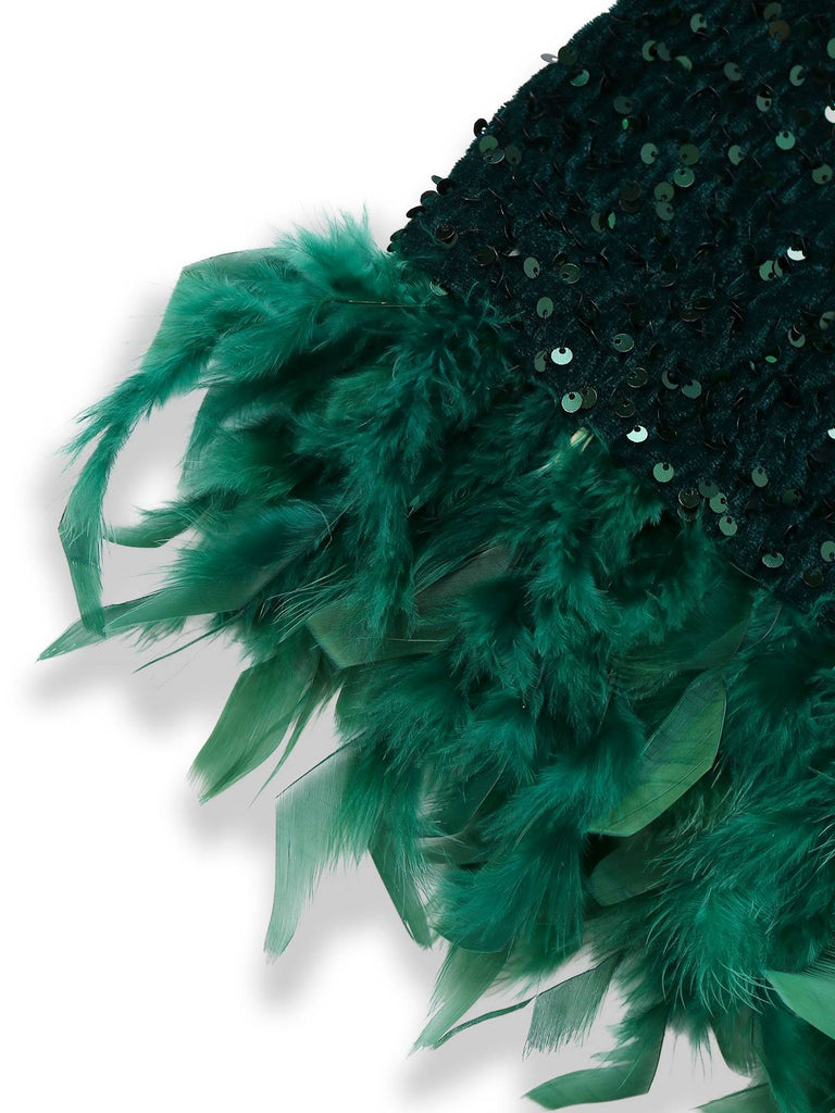 Dark Green Sequined Off-Shoulder Feather Bodycon Mini Dress for Party Dark Green Sequined Off-Shoulder Feather Bodycon Mini Dress for Party